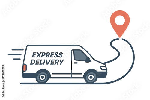 Express delivery van with map location pin and route path. Fast cargo truck moving on a destination track. Logistics, shipping and transportation service vector illustration icon.
