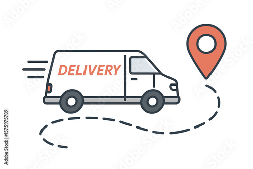 Fast express delivery service van with map pin. Cargo truck on route with location point. GPS navigation for logistics and shipping. E-commerce transport icon concept vector.