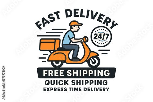 Express delivery concept. Fast shipping service. Courier on scooter delivering package. Online order transport. 24 7 work time. Free shipping badge. Logistics icon vector.