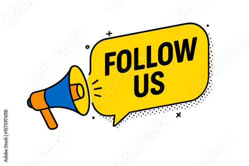 Follow us banner with megaphone. Loudspeaker for social media marketing, promotion and advertising. Announcement message in speech bubble. Modern vector illustration design.