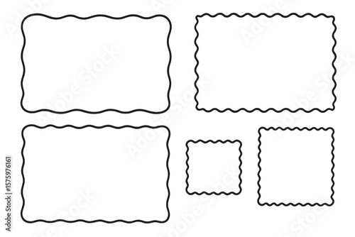 Set of hand-drawn wavy and scalloped border frames. Simple minimalist doodle outline for labels, stamps, or greeting card decoration. Vector graphic design elements.