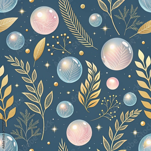 Fantasy Bubbles and Golden Leaves on Dark Blue Pattern