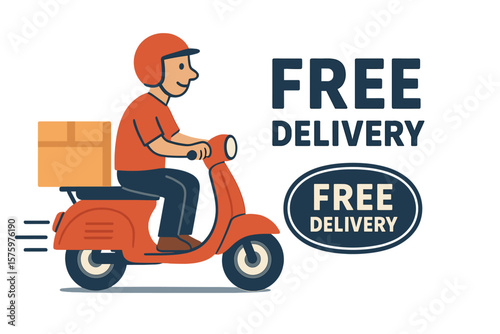 Free delivery service banner. Courier on scooter delivering package. Fast free shipping order advertisement. Express delivery concept with man on moped. Logistics vector icon.