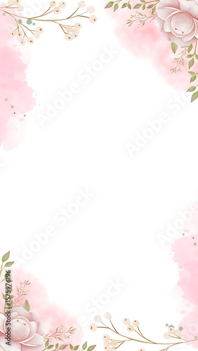 Soft pink watercolor floral border with delicate flowers and berries