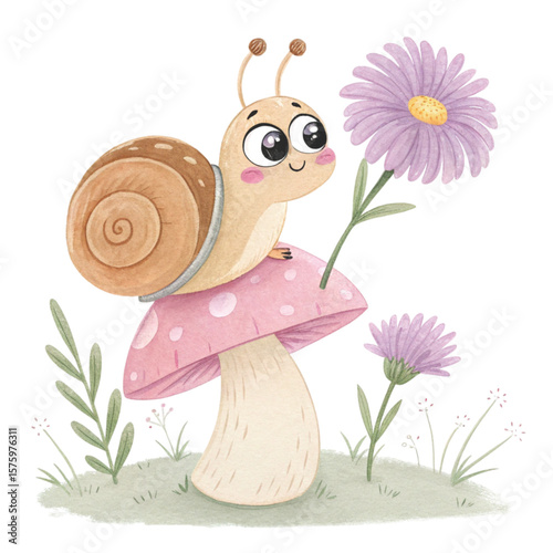 Cute snail holding a flower sitting on a mushroom's back Clipart Watercolor 