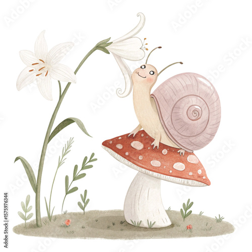 Cute snail holding a flower sitting on a mushroom's back Clipart Watercolor 