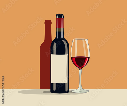Vector image  bottle of red wine and  glass. Alcoholic drink in a flat style. Image on isolated background.