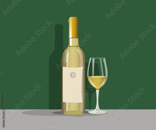 Vector image  bottle of white  wine and  glass. Alcoholic drink in a flat style. Image on isolated background.