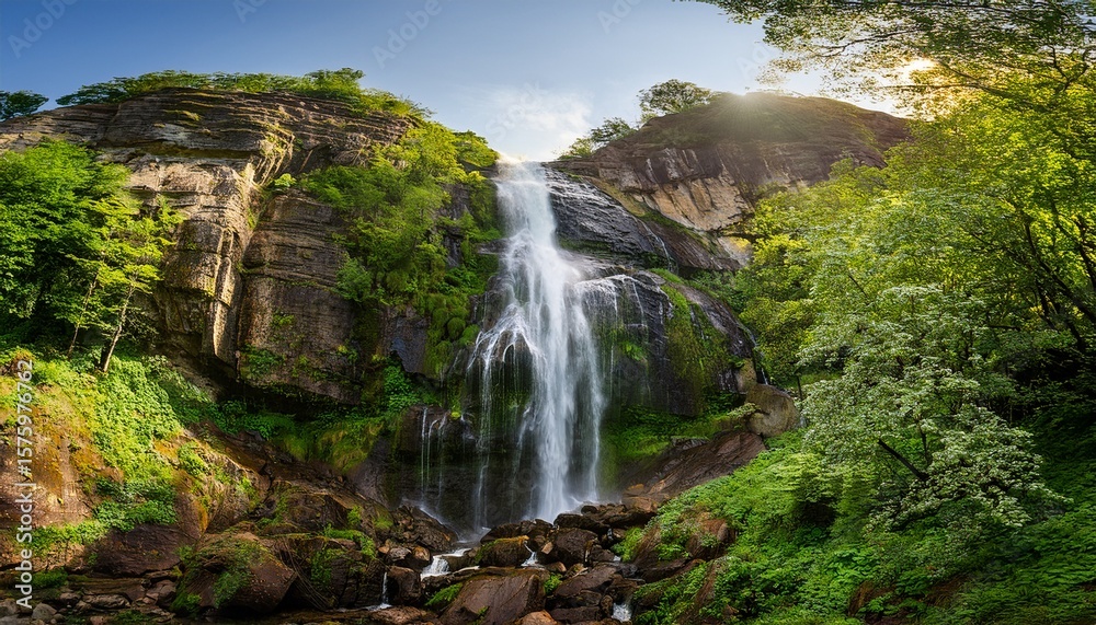 Fototapeta premium majestic waterfall cascading down rocky cliff in lush greenery