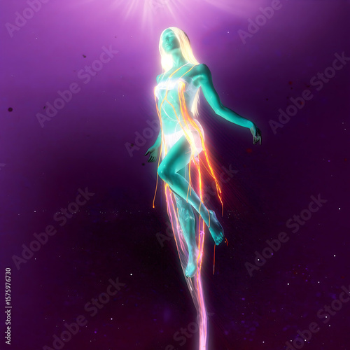 Woman floating in ethereal light, embodying themes of transcendence and the connection between the physical and spiritual realms