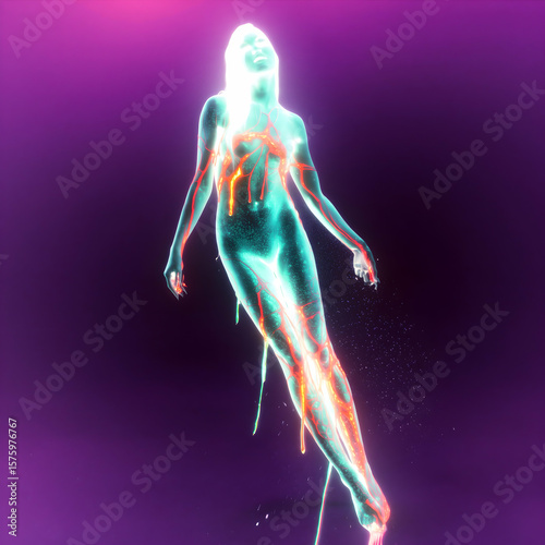 Ethereal figure illuminated by vibrant colors in a surreal glowing atmosphere highlighting the beauty of human form and creativity