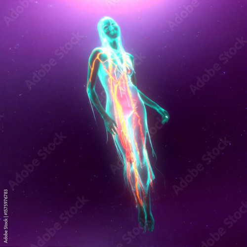 Ethereal figure symbolizes transcendence as it floats in a cosmic realm, embodying spiritual awakening and the connection between body and universe