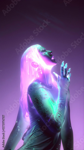 Ethereal figure illuminated by vibrant colors, symbolizing self-discovery and transformation in a surreal setting