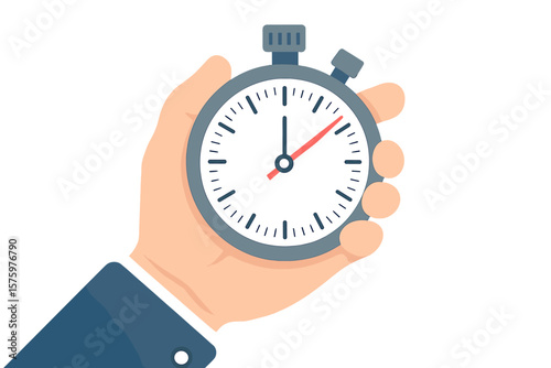 Hand holds stopwatch. Time management concept with timer for countdown and deadline. Punctuality and urgency in business competition. Time limit, speed and strategy vector.