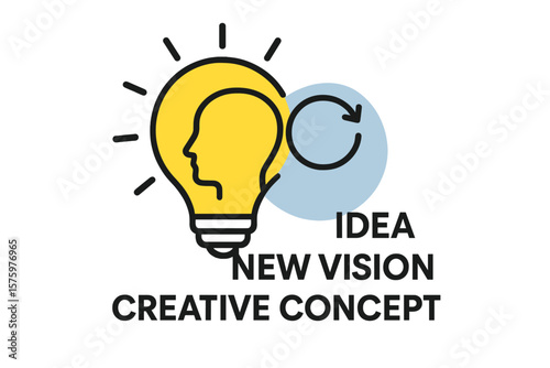 Idea, new vision, creative concept. Lightbulb with head silhouette. Innovation, brainstorming, and thinking process. Strategy refresh. Modern icon for creativity and solution.