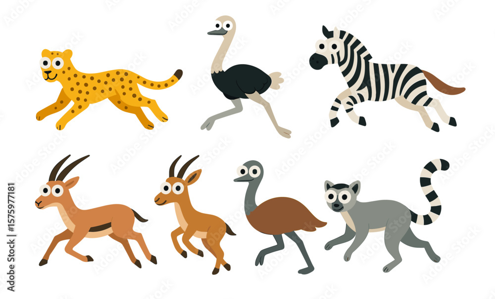 Fototapeta premium Playful cartoon safari animals: cheetah, ostrich, zebra, antelope, lemur