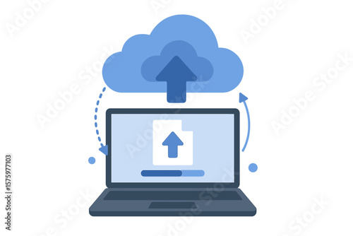 Cloud computing technology. Laptop uploading file to cloud data storage. Information exchange. Online backup service. Digital document hosting. Network server management vector.