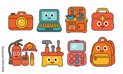 Colorful cartoon icons set featuring camera, laptop, kitchen, and backpack faces