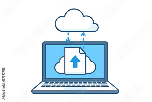 Cloud computing technology concept. Laptop with cloud storage. Uploading, downloading files to server. Data exchange and information sharing. Digital file hosting service.