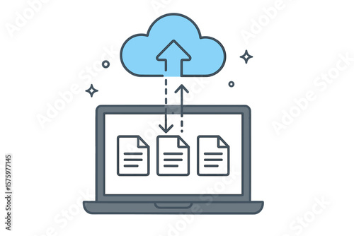 Cloud computing technology vector. Laptop syncs files with online server storage. Data transfer, upload, download, backup and file sharing concept. Network hosting management icon.