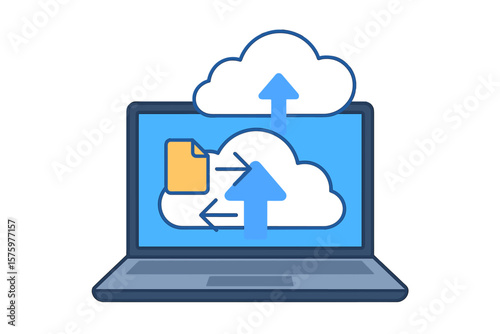Laptop with cloud storage. Information exchange and data transfer. Uploading and downloading files to a server. Cloud computing technology, hosting, and network management concept.