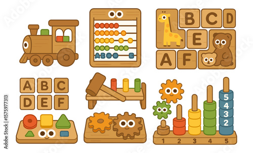 Colorful wooden educational toys for toddlers featuring train, puzzle, and abacus