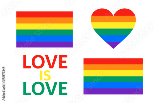 LGBTQ pride flag and heart icon set. Love is Love text. Gay pride month symbol collection. Rainbow stripes background. Vector illustration for banner, poster, sticker.