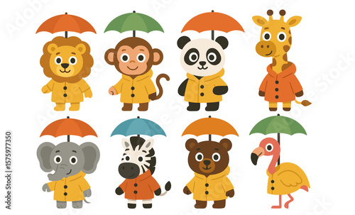 Cute cartoon safari animals in raincoats with umbrellas