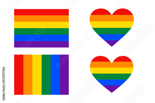 Set of LGBT pride rainbow flags and hearts. LGBTQ community symbols for gay pride month. Vector illustration of love, freedom and equality. Horizontal and vertical stripes.