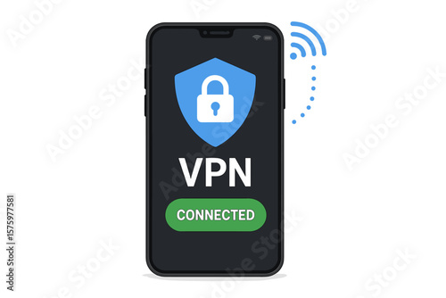 Mobile VPN service concept. Phone with secure VPN connection. Virtual private network. Cybersecurity, secure web traffic and internet security software. Data privacy protection.