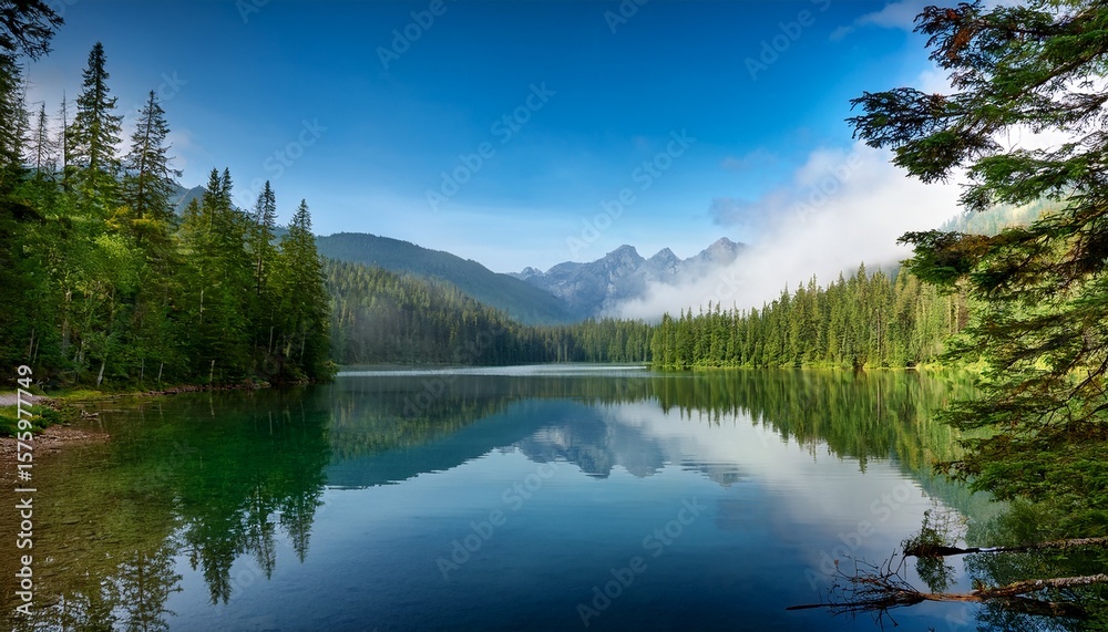 Obraz premium serene lake surrounded by lush trees and misty mountains reflecting calm waters