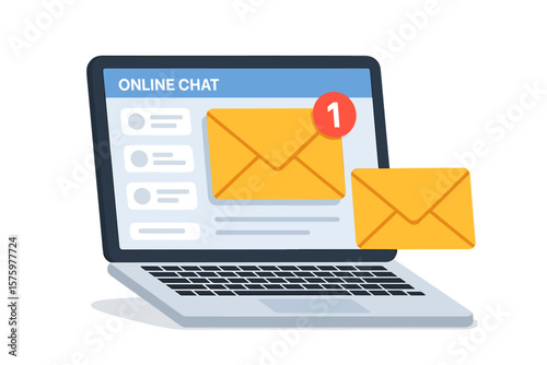New message notification on laptop screen. Unread email in inbox, online chat communication concept. E-mail marketing newsletter with envelope icon. Vector illustration modern.