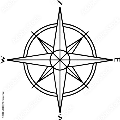 Minimalist compass rose in simple line art conveys direction and navigation. Detailed minimalist compass rose, with cardinal directions, indicates location.