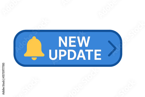 New update notification with bell icon. System software upgrade announcement. Modern label for new version. Web banner element. Time to update concept. Vector illustration.