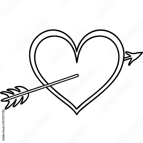Arrow through heart design, black and white illustration. Arrow through heart represents love, Cupid’s arrow design piercing romantic heart shape for Valentine's Day.