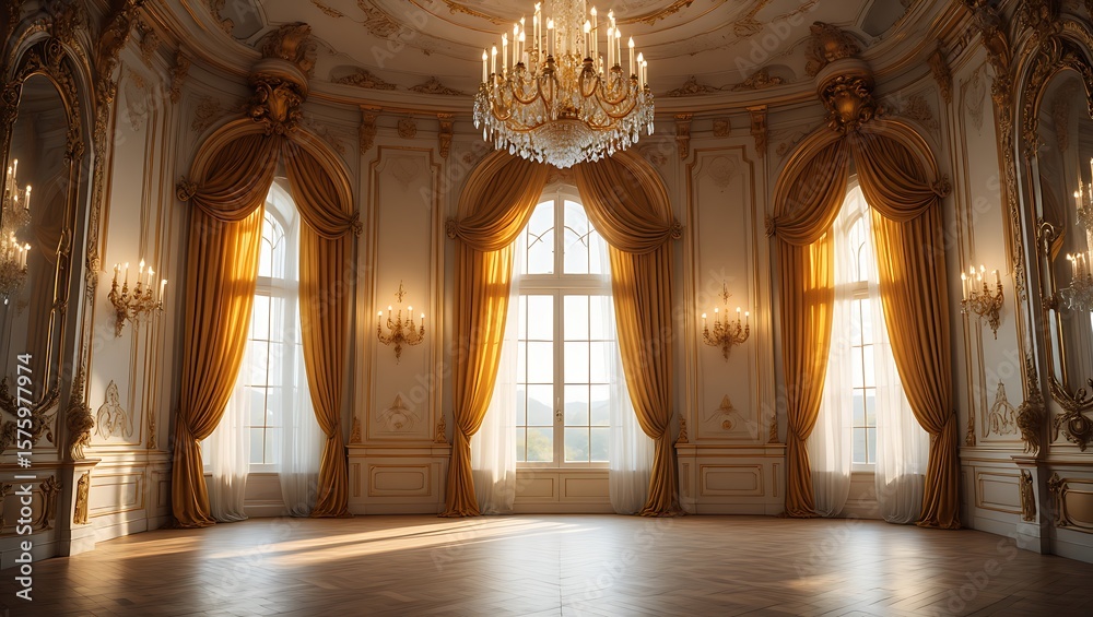 Fototapeta premium Ornate Grand Ballroom with Gilded Details, Luxurious Interior Design with Golden Accents and Sunlight Streaming Through the Windows