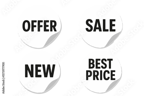 Sale sticker set. Offer label tag. New best price sign. Round white paper sticker with curled corner. Promotion marketing element. Advertising badge. Discount symbol.
