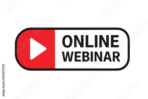 Online webinar button icon vector design element. Live video streaming and internet education concept. Online meeting, broadcasting, or social media webinar symbol with play button.