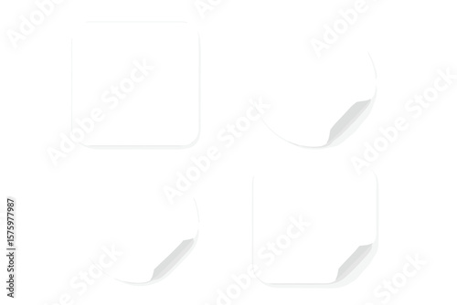 White blank sticker mockup set. Round and square paper labels with peeling corner. Realistic adhesive tag with shadow. Empty circle and rounded rectangle for design presentation.