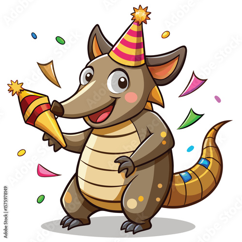 Cartoon armadillo wearing a party hat and holding a party popper