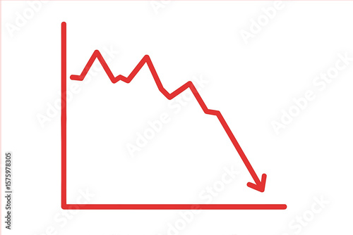 Red graph line showing economy decline and stock market crash. Financial crisis concept, investment loss analysis. Downward arrow, business recession, market risk vector.