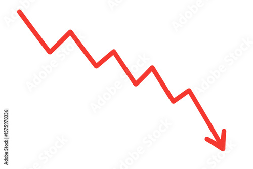 Red down arrow graph showing stock market crash and financial crisis. Economy decline, recession chart, investment loss, business failure concept, decrease, bearish market vector.