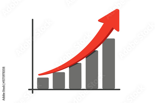 Business growth chart with red arrow up. 3D graph showing financial success and profit increase. Investment return concept. Market trend analysis. Progress and achievement.