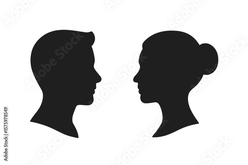 Man and woman head silhouette icon set. Male and female face profile avatar sign. Concept for couple, relationship, communication, dialogue, psychology, gender, comparison.