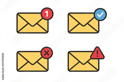 Email notification vector icon set. Mail envelope with new incoming message, sent or success check mark, spam warning alert, and failed or error delivery status signs.