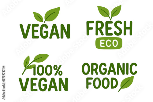 Set of vegan food labels. Organic, bio, eco, fresh and natural product stickers. Green leaf logo for healthy vegetarian meal packaging. 100% plant-based diet vector icons.
