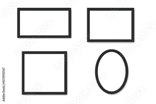 Set of black photo picture frames mockup. Realistic empty frames for wall gallery display. Square, rectangle, oval border shapes. Vector illustration with shadow on background.