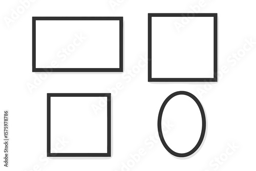 Set of black photo frame mockups with shadow. Blank picture frames for wall gallery presentation. Square, rectangle and oval border template. Isolated vector illustration.