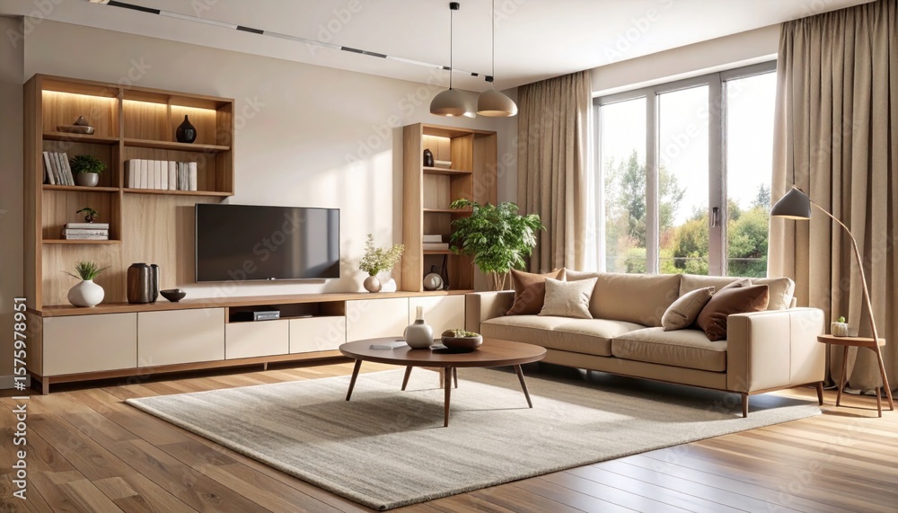 Fototapeta premium Bright Living Room Interior with Modern Furniture and Natural Light Streaming Through Large Windows