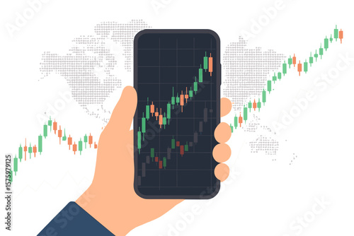 Stock online trading with smartphone. Mobile phone in hand with business graph. Stock market candlestick chart on screen. Global financial investment and economy concept.